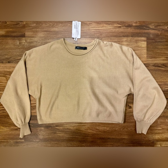 MEROKEETY Women's Tan Crewneck Cropped Sweater size L - Picture 9 of 16